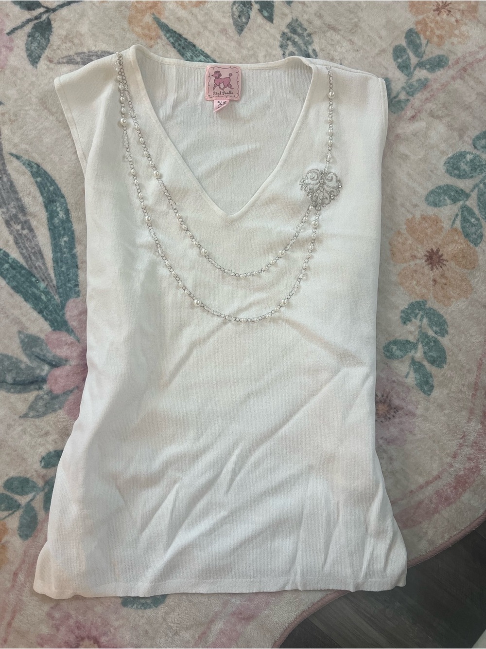 Pink Poodle White V-Neck Sleeveless Tank with Rhinestone Chain and Brooch Accent